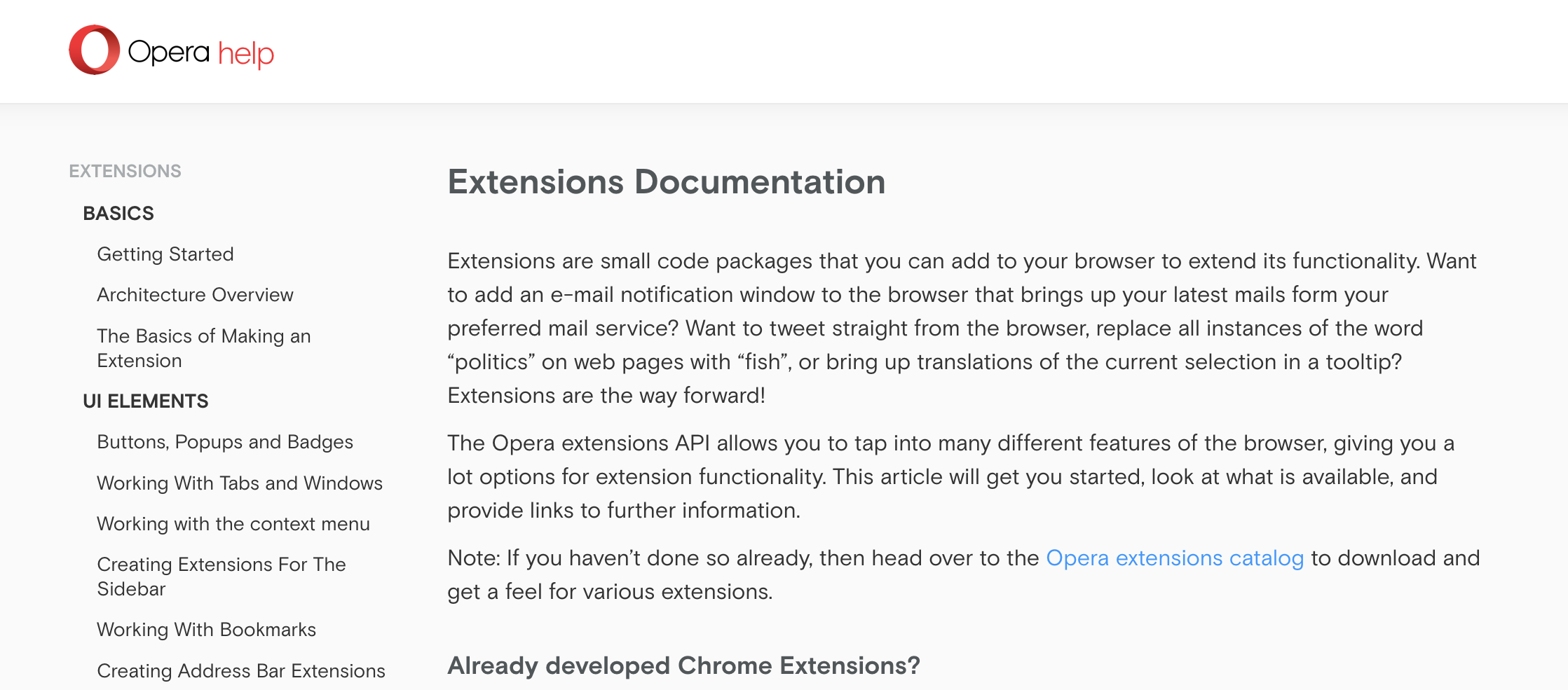 Opera Extensions Documentation screenshot